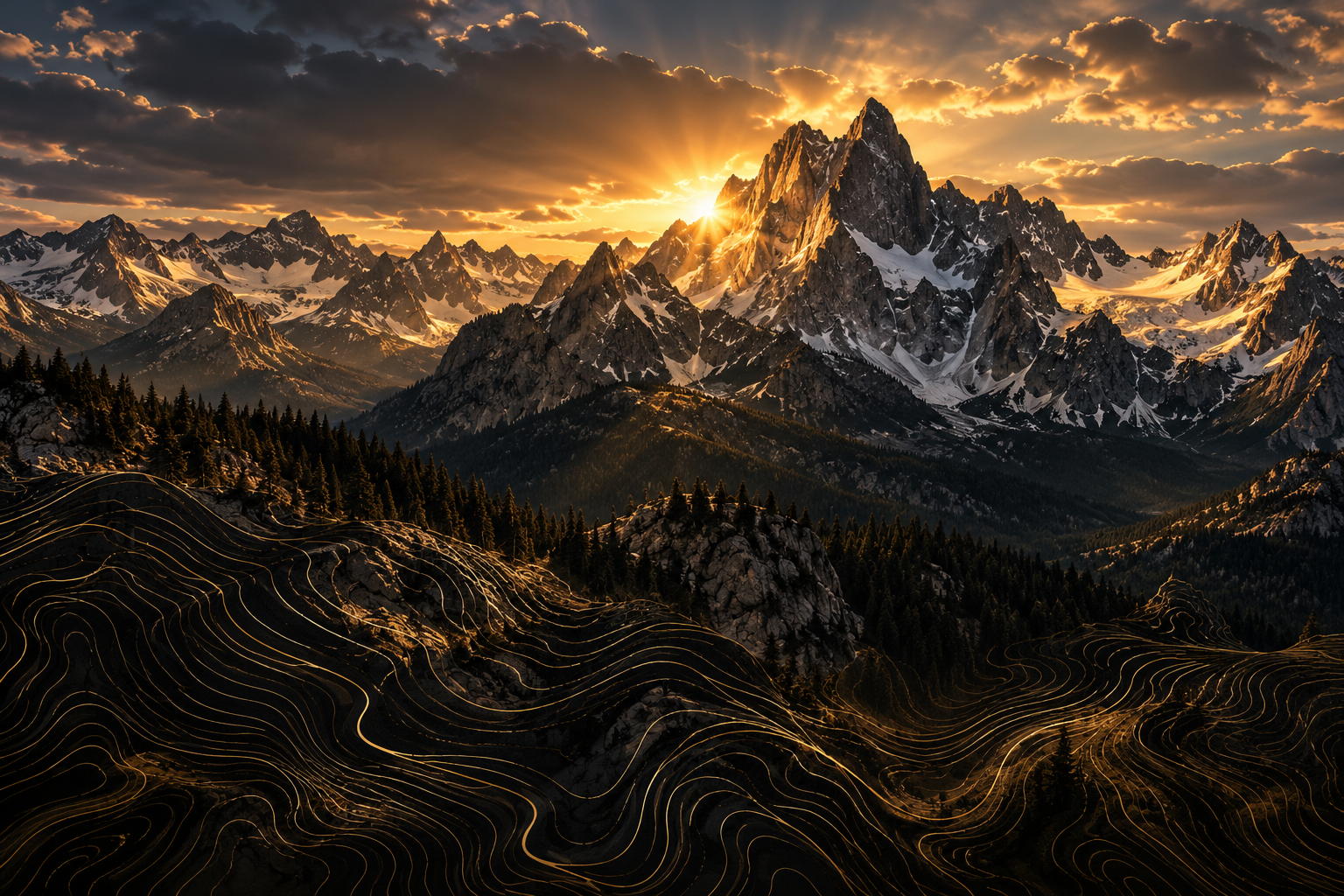 Dramatic mountain peaks at sunset with gold topographic terrain lines